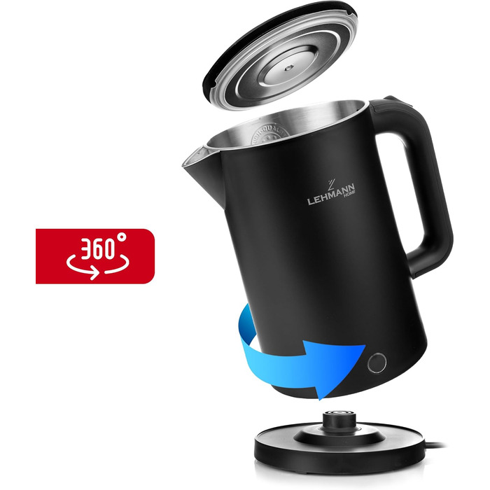 Електричний чайник Lehmann Edelstahl 1.7L, 2200W, чорний: швидкий нагрів, подвійні стінки, захист від перегріву, BPA-free, для дитячого харчування, чаю та кави