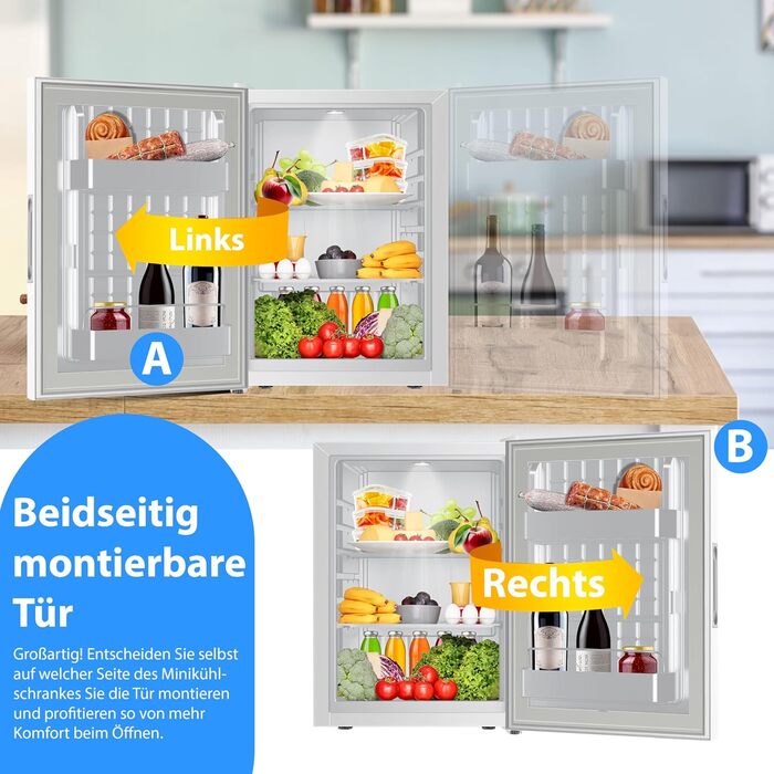 Міні-холодильник KESSER® 40L з дверцятами зі скла: ідеальний для кемпінгу, офісу, спальні, готелю, кухні. Безшумний, з можливістю зміни дверцят, внутрішнім освітленням та відкривачем для пляшок. Білий.