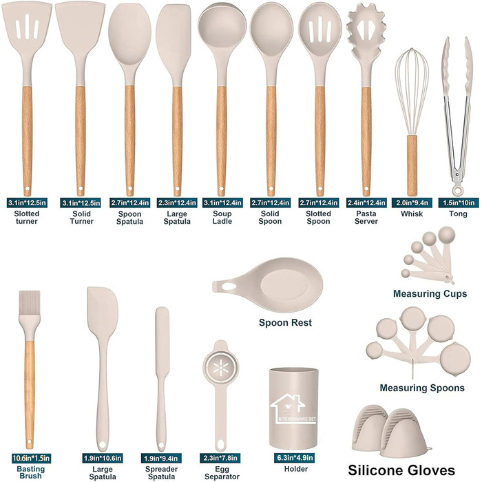 Набір кухонних аксесуарів з силікону, 28 предметів. Набір кухонних помічників, лопатки з підставкою для посуду з антипригарним покриттям, стійкий до високих температур, хакі
