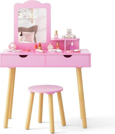 Детский туалетный столик Dreamade с табуретом и съемным зеркалом, принцесс-стиль, с ящиком, из дерева, для девочек (белый/розовый)