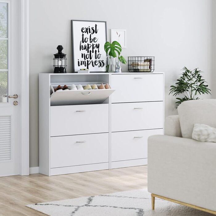 Вузька шафа для взуття FirFurd біла, з 3 відкидними ящиками, економна для 12-24 пар, висока комода для прихожей, коридору, входу. Дерев'яна шафа для взуття 110x80x23.5 см