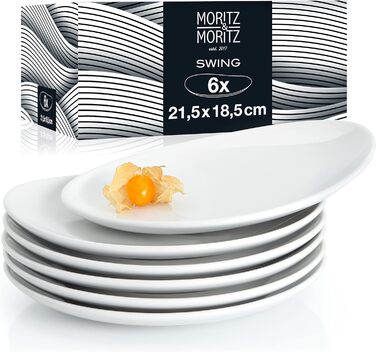 Набір десертних тарілок Moritz & Moritz Swing на 6 персон 21,5 х 18,5 см - Набір керамічного посуду як тарілка для торта, тарілка для сніданку або десертна тарілка - Зроблено в Португалії (білий)Набір десертних тарілок Moritz & Moritz Swing на 6 персон - 