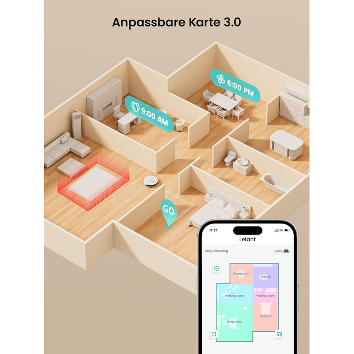 Робот-пилосос LEFANT M2 з функцією миття, багатошарове мапування, керування через APP/Alexa, Wi-Fi 2.4G/5GHz, для шерсті тварин, килимів та твердих підлог