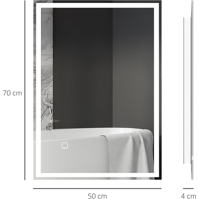 Дзеркало для ванної кімнати HOMCOM з підсвічуванням 70 x 50 см, LED, сенсорне управління, функція пам'яті, 3 кольори світла, антизапарник, срібне