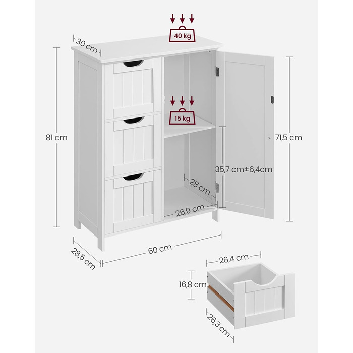 Вузька тумба для ванної кімнати, 3 ящики, дверцята шафи, регульована полиця, 30x60x80 см, хмара біла