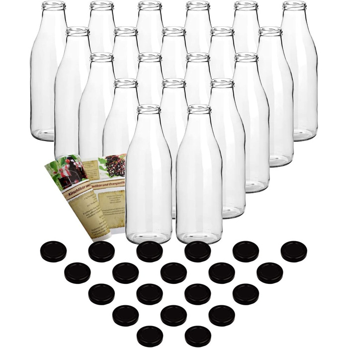 Набір з 20 пляшок соку gouveo об'ємом 1000 мл з кришкою, що загвинчується білого кольору-велика скляна пляшка об'ємом 1 літр з кришкою TO48-порожня пляшка для наповнення кухні і будинку (20 шт., прозора / чорна)