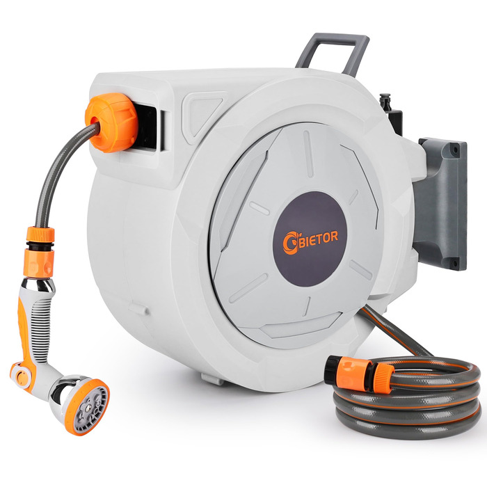 Висувна касетна система для садового шланга 20м + 2м з пістолетом, повільний зворотний механізм, фіксація будь-якої довжини, поворотна кріплення 180°