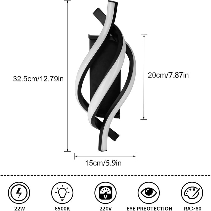 Настінний світлодіодний світильник, спіральний дизайн 22 Вт 2500 лм, сучасний для вітальні/спальні, чорний, 6500K
