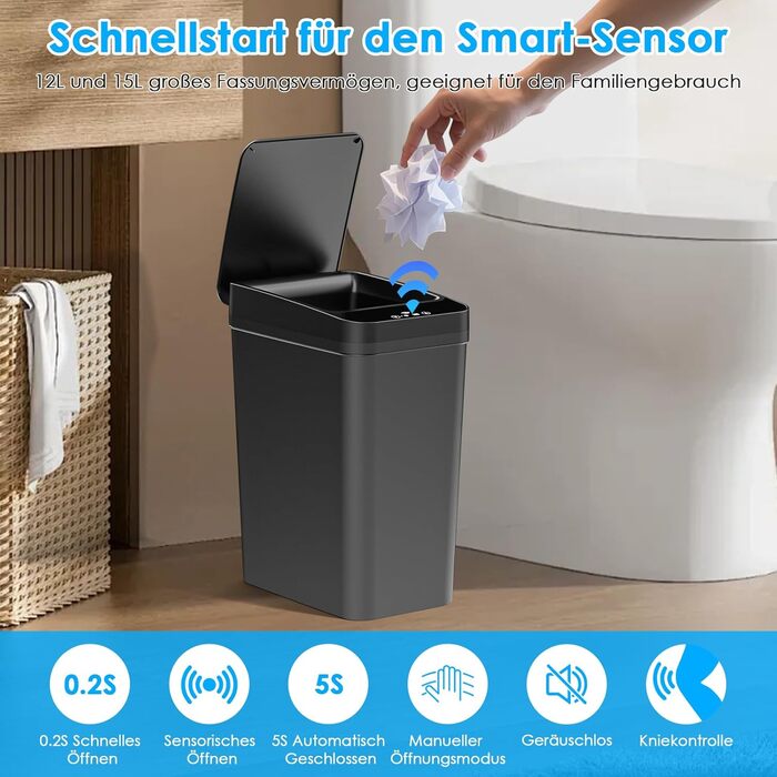 Набір сміттєвих відер Dreamhigh 2 шт. з сенсором, 15L та 12L, електричні, з автоматичним відкриванням кришки, смарт-відра з 3 режимами відкривання, тихі та водонепроникні для кухні, ванної, офісу, вітальні, чорного кольору