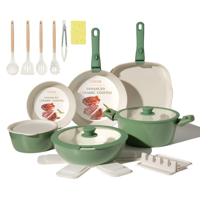 Набір каструль та сковорідок 23 частини з антипригарним покриттям, знімні ручки, для всіх типів плит, сумісний з духовкою, без PFAS, PTFE, PFOA, кремово-білий
