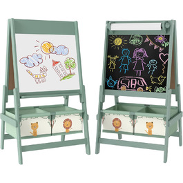 Дитяча мольберт AIYAPLAY 3-в-1: двосторонній, чорно-білий, з рулоном паперу та 2 кошиками для зберігання, для дітей 3-8 років, зелений