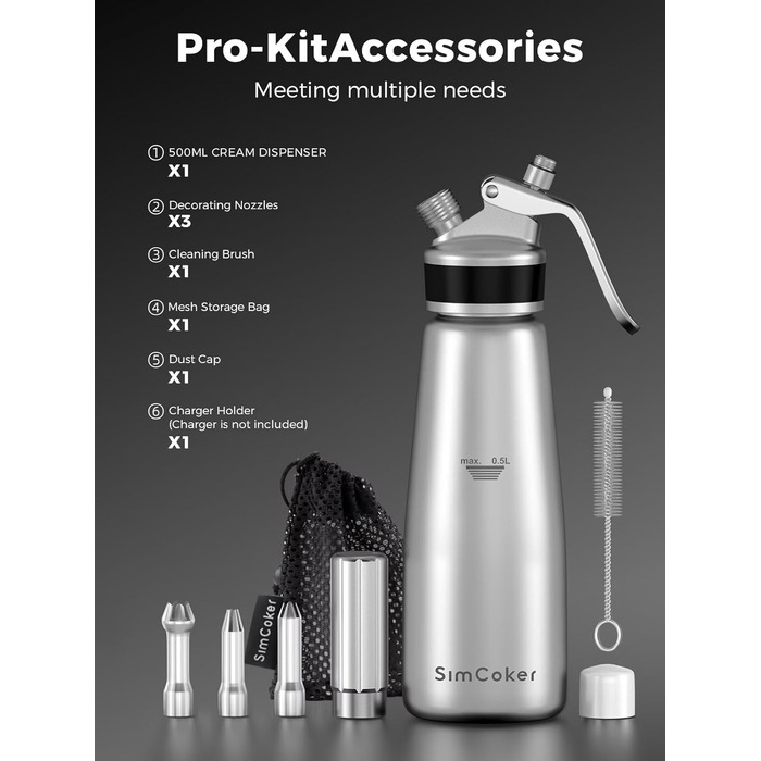 Пристрій для збивання вершків, алюмінієвий сифон для вершків 500мл, з набором насадок та аксесуарів