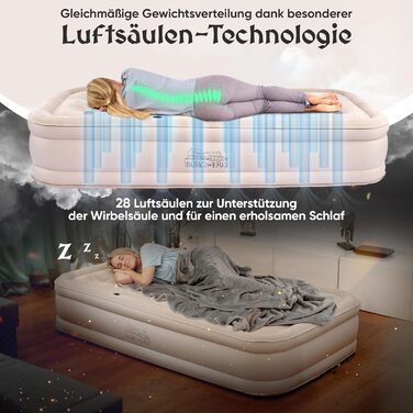 Надувне ліжко 3-в-1 | Гостьове та кемпінгове ліжко | Надувна матрац з електропомпою 150x200 | Самостійно надувна повітряна матрац (1 особа, Бежевий)