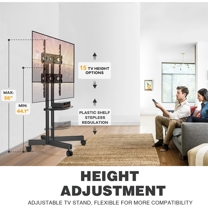 Підставка для телевізора на колесах, 32-75 дюймів, регульована по висоті, з полицею для ноутбука, VESA 600x400, чорна