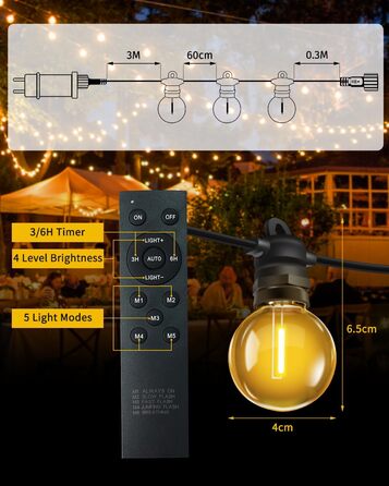 Ланцюжок прикрас для зовнішнього використання, 10м, G40 лампочки. Водостійкий (IP68), диммування, з пультом ДУ. Ідеально для балкона, павільйону, саду, тераси, вечірки, весілля.