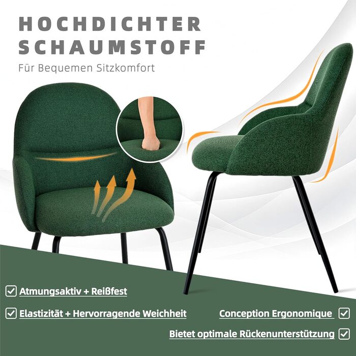 Набір обідніх стільців з підлокітниками – 6 шт. Ергономічні м'які стільці з тканинним покриттям та металевими ніжками для кухні, вітальні, їдальні, Бежевий (Leinen Tannengrün)