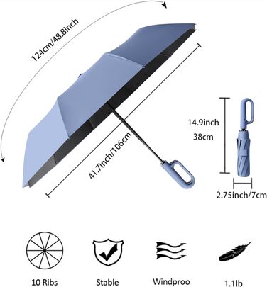 Парасолька велика, 10 ребер, штормонепроникна, автоматична, захист від ультрафіолету, складна, ручка карабіна, синя, 106см