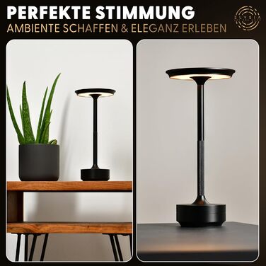 LED-лампа ELYSIA на акумуляторі, торшероподібна, диммування, бездротова, сенсорна панель, для внутрішнього та зовнішнього використання [IP54], тепле світло [2200K-2700K-3200K], USB-C, перезарядна, алюміній, чорна