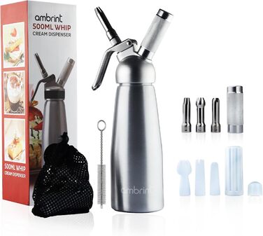 Дозатор для збитого вершку: міцний алюмінієвий кантер з 6 насадками (нержавіюча сталь & пластик), щітка для чищення та сумка для зберігання. Преміум-дозатор для домашніх десертів