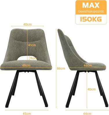 LEWE Комплект з 6 обертових стільців для їдальні, кухонних, вітальні та спальні, ергономічні, без підлокітників, з тканини кашемір, сіро-зелений