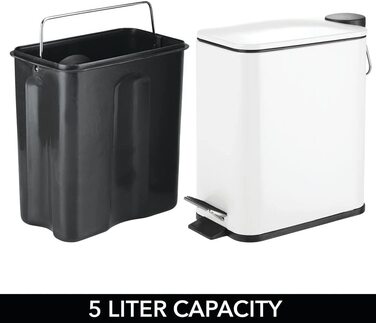 Прямокутна кошик для сміття MDESIGN-кошик для сміття об'ємом 5 л з нержавіючої сталі з педаллю, кришкою і пластиковою вставкою-елегантне косметичне відро або кошик для сміття для ванної, кухні та офісу- (білий)