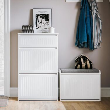 SoBuy Взуттєва шафа з 2 відкидними дверцятами, полицями та висувною шухлядою, біла, 61x100x26 см (FSR165-W)