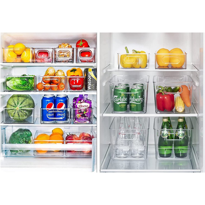 Холодильник Органайзер набір з 6 шт. (4 великих / 2 середніх), контейнер для зберігання в коморі з ручкою, високоякісний прозорий контейнер для зберігання