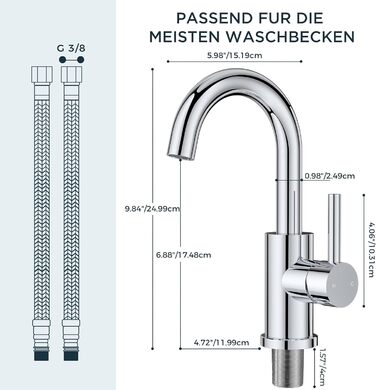 Змішувач для ванної кімнати/кухні FORIOUS Hoch 360° з нержавіючої сталі, з підйомом 175 мм, з підключенням до гарячої та холодної води, полірований хром