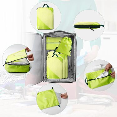 Набір компресійних органайзерів для одягу в дорогу AiQInu, 5 шт. — ультралегкі сумки-пакувальники для валізи з мішком для взуття та білизни, розширювані, зелені