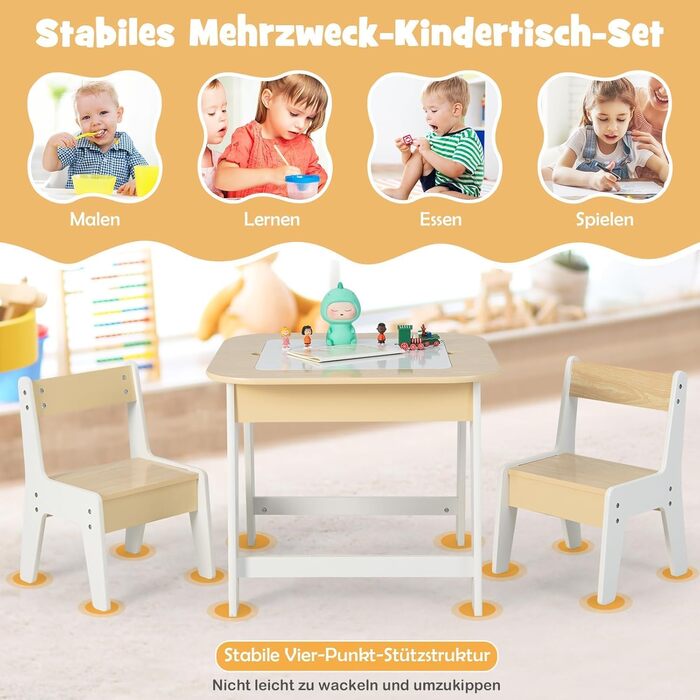 Дитячий стіл Dreamade з 2 стільцями: комплект меблів для дитячої кімнати, стіл з двосторонньою поверхнею та місцем для зберігання, для дітей від 3 років