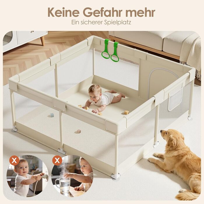 Манеж дитячий Fodoss бежевий 120x120 см для немовлят та малюків, сітчастий, безпечний для дому