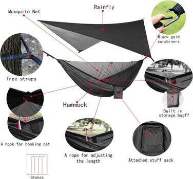 Набір кемпінгових гамаків, одинарний двомісний гамак, москітна сітка, сітка від комах, дощовик, підвісне ліжко з парашутної тканини високої міцності. Підходить для активного відпочинку, походів, кемпінгу, подорожей чорний