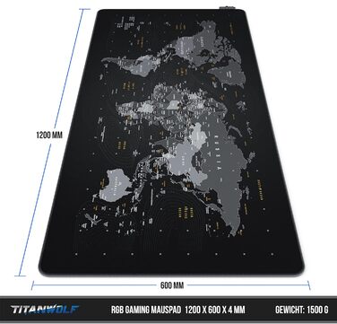 Килимок для миші TITANWOLF XXXL RGB з підсвічуванням LED, 1200 x 600 мм – для геймінгу, з гумовою основою, карта світу