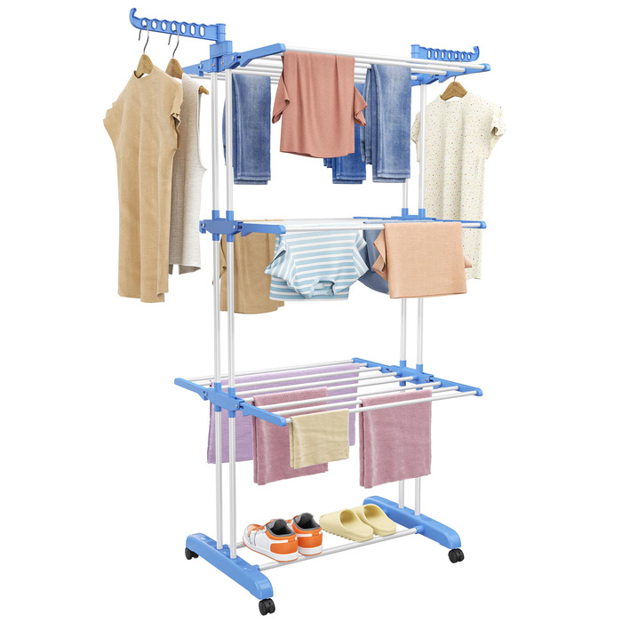 Вертикальна сушарка для білизни SIMPDIY з 6 складаними крилами та колесами, підлогова баштова сушарка для одягу для дому та вулиці, синя