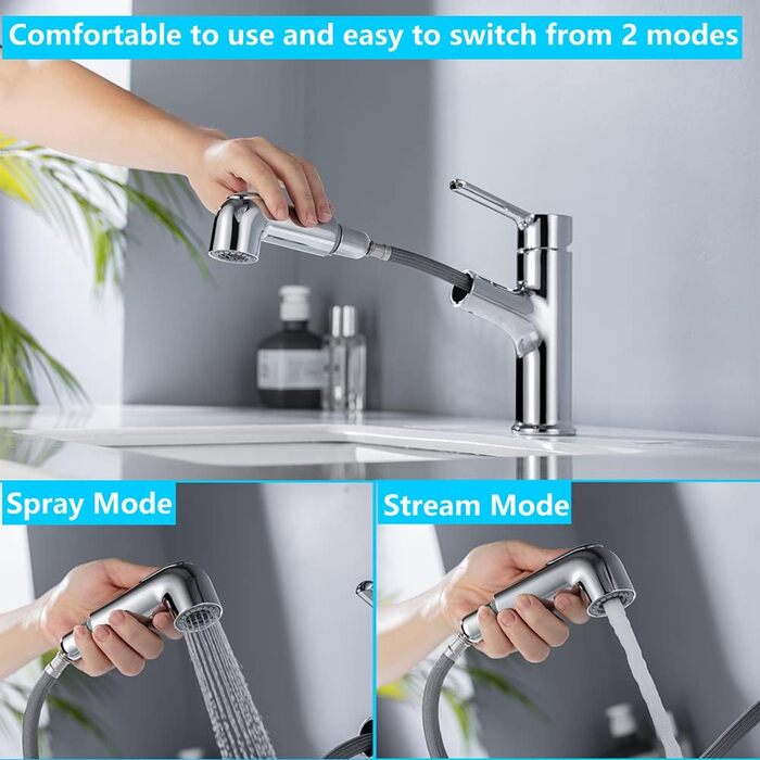 Змішувач для ванної кімнати ONECE з висувною лійкою та душем, хром, 2 режими струменя