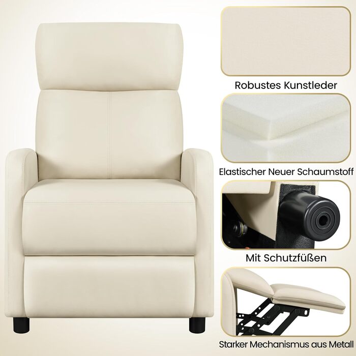 Крісло-релакс Yaheetech з регульованою підніжкою, крісло для телевізора, диван-крісло, крісло для відпочинку (Бежеве, штучна шкіра)
