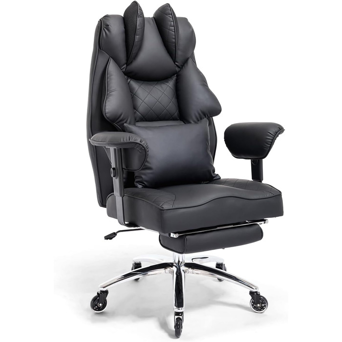 Офісний крісло Asukale Ergonomic 200kg з підніжкою, поперековою подушкою та широким сидінням, регульоване по висоті, імітація замші (чорний)
