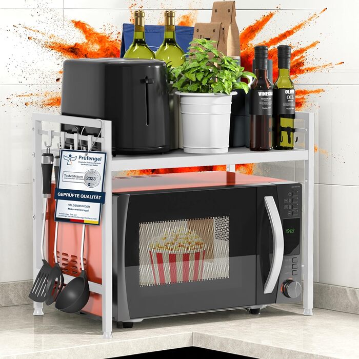 Стійка для мікрохвильової печі та кухонні полиці з нержавіючої сталі, 2-ярусна | Стійка для мікрохвильовки, полиця для зберігання, полиця для пекаря, регульована висота та довжина | З інструкцією у відеоформаті та гачками (Білий)