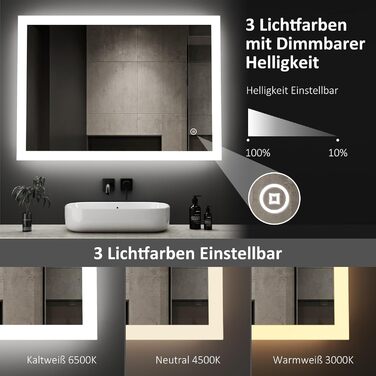 Дзеркало для ванної кімнати Boromal з підсвічуванням 80x60 см, 3 кольори світла, регулювання яскравості, LED, сенсорне керування