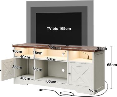 Тумба під ТВ Coleshome з розетками, USB, LED, 4 відкриті полиці та 2 шухляди, 150x35x65 см, білий та горіх