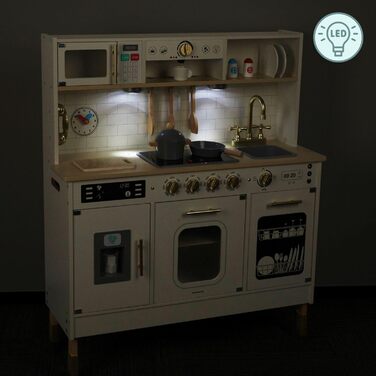 Дерев'яна дитяча кухня Mamabrum з LED-підсвічуванням - ігровий набір кухонь з регульованою висотою, з приготуванням кубиків льоду, мікрохвильовою піччю, плитою та посудомийною машиною. Іграшка для дітей від 3 років