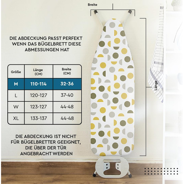 Чохол для прасувального столу Encasa XO з фетровою підкладкою 3 мм, посиленням шнуром (підходить для стандартних прасувальних столів 72x30 см), з терморефлексним покриттям, принт - Велике листя зелене