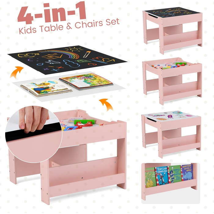 Дитячий стіл LIFEZEAL 3 в 1 з 2 стільцями: стіл для малювання, активностей та обіду. Дерев'яна дитяча група з місцем для зберігання (Рожевий)