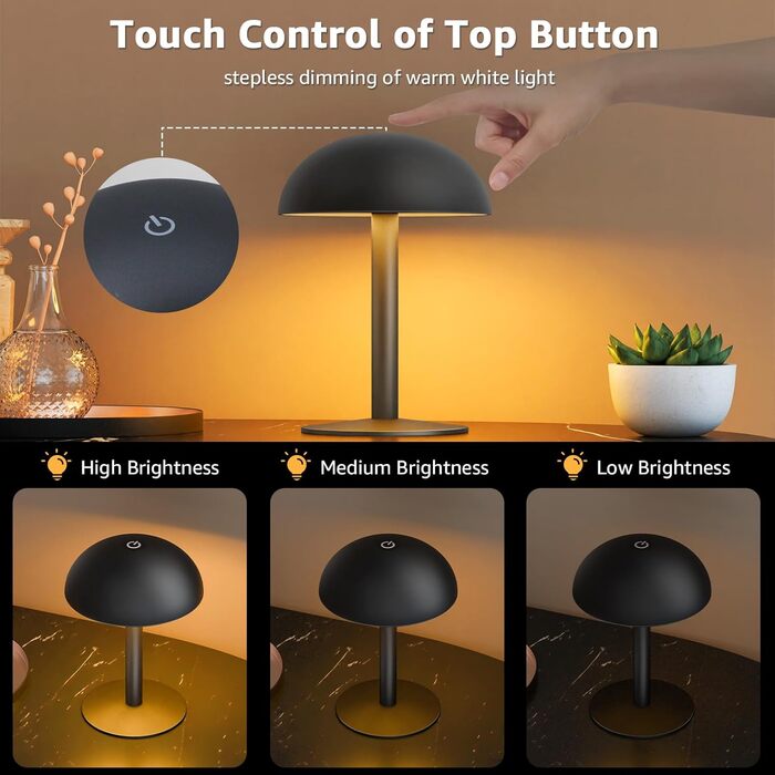 FUYO Грибний світильник без дротів - настільна лампа з сенсорним керуванням, регулюванням яскравості та функцією пам'яті, сучасний дизайн для спальні, вітальні та кемпінгу (Чорний)