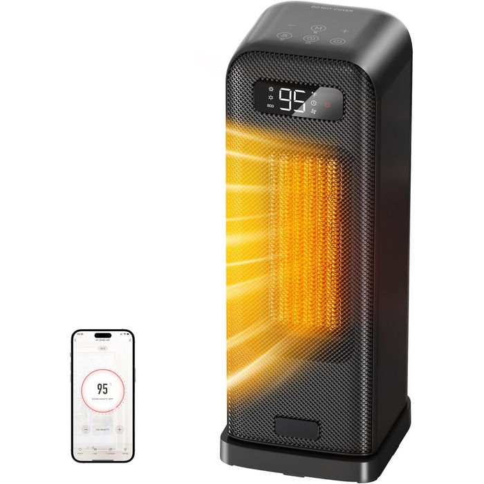 Електричний обігрівач 1500W з PTC-керамічним нагрівачем, портативний з термостатом та ECO-режимом, 4 режими, цифровий дисплей, таймер 12 годин, тихий (35dB), чорний (40cm)