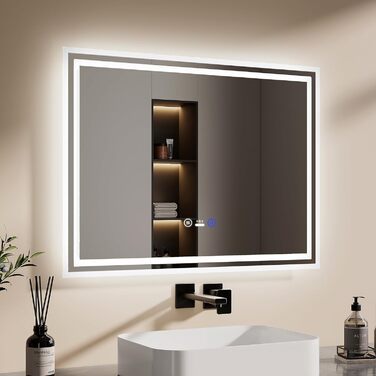 Дзеркало для ванної кімнати EMKE з підсвічуванням 80x60 см, LED, з датчиком руху, сенсорне, проти запотівання, 3 кольори світла, регулювання яскравості, таймер 1 год, IP44, енергозберігаюче