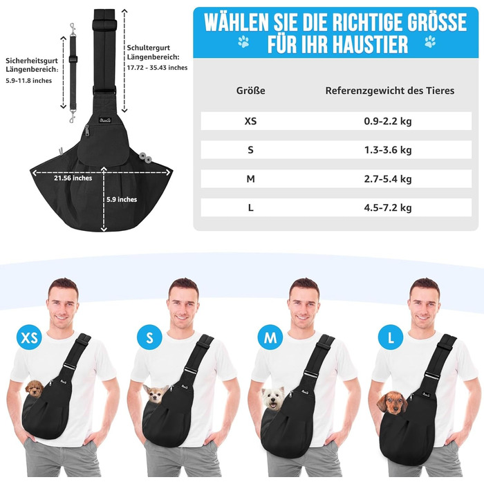 Сумка-переноска для собак SlowTon з плечовим ременем, передня кишеня, чорно-водонепроникна M (2,7-5,4 кг)