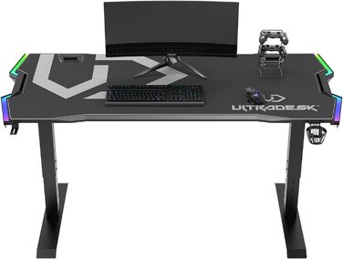 Ігровий стіл ULTRADESK Force , регульований по висоті, подушка XXL, 2 кабельні розетки, поличка для подовжувачів, світлодіодне RGB-підсвічування, сталева рама, сірий, 166x70 см