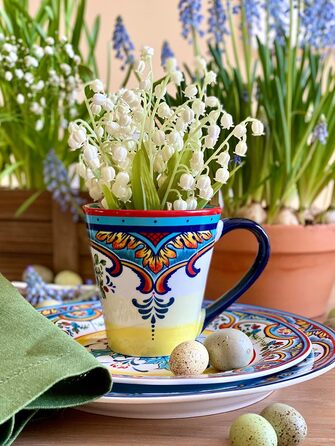 Набір посуду Euro Ceramica Zanzibar Collection, 16 частин, для кухні та їдальні, на 4 особи, з іспанським квітковим візерунком, блакитно-жовтий