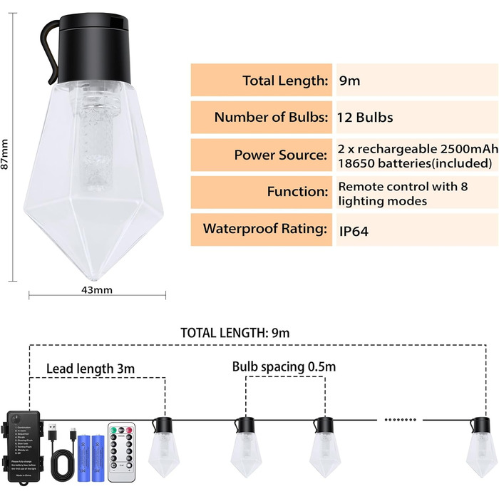 LED гірлянда для вулиці на батарейках з таймером, 9м, 12 лампочок ST64, USB зарядка, 5000mAh, для декору саду, вечірки, весілля, Різдва